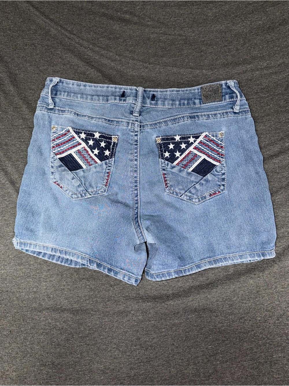 Love Indigo Light Blue Denim Shorts with Flag-Pattern Back Pockets